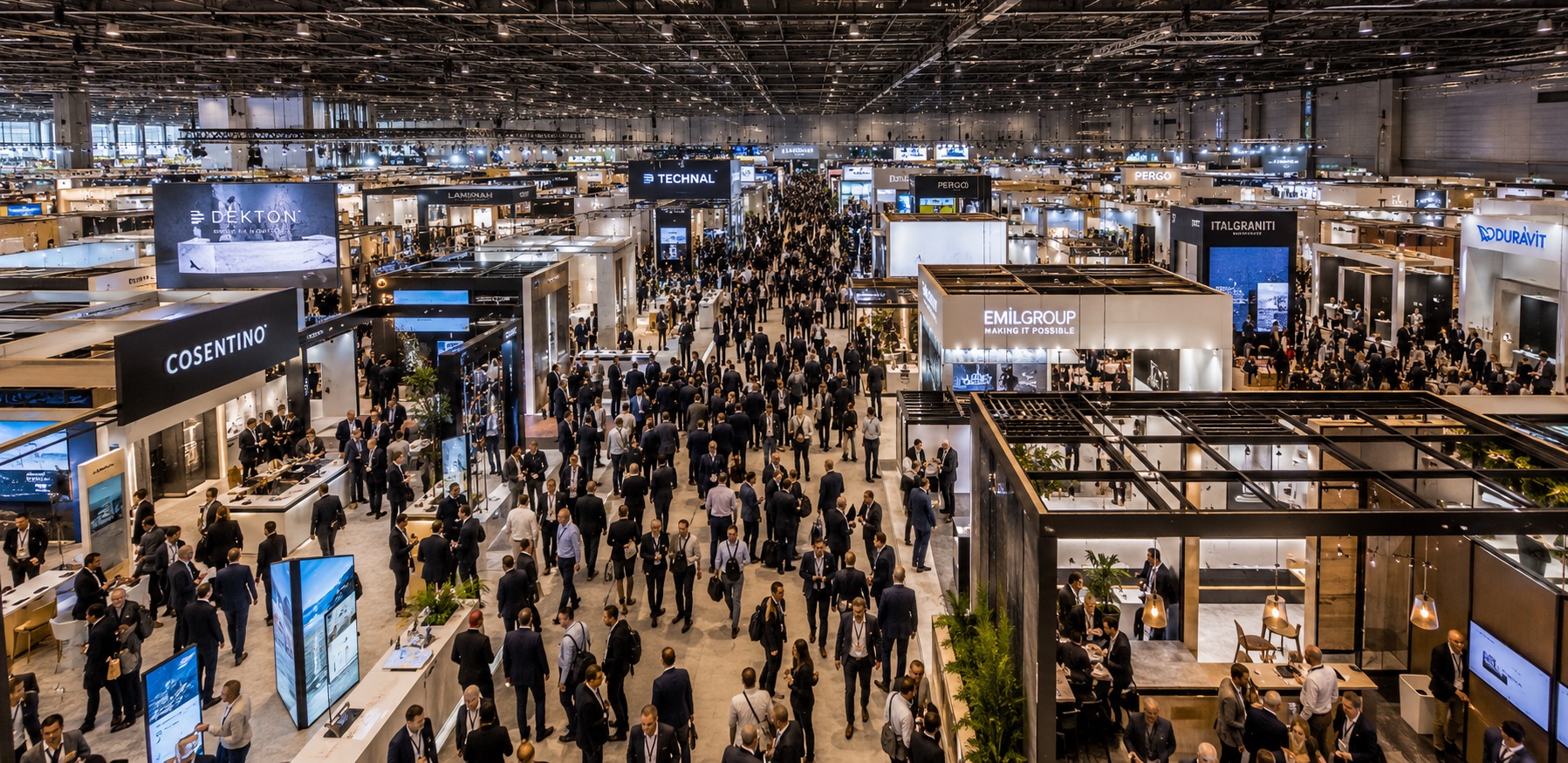 Busy exhibition hall filled with custom stands