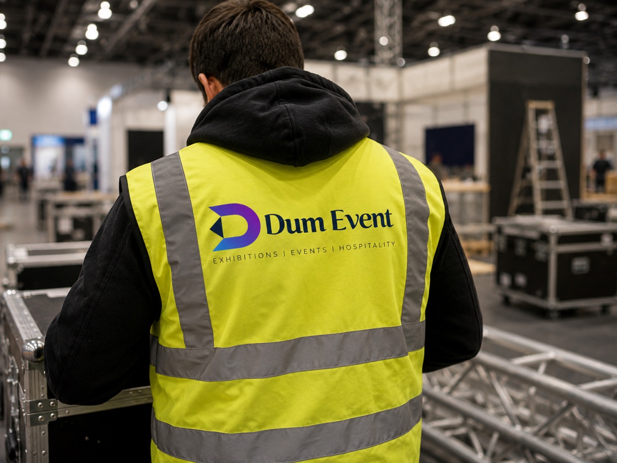 Dum Event crew member in branded hi-vis during a stand build